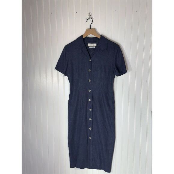 Vintage Maggy London Navy Linen Blend Button Front Midi Dress 8 Cottagecore - Picture 1 of 6